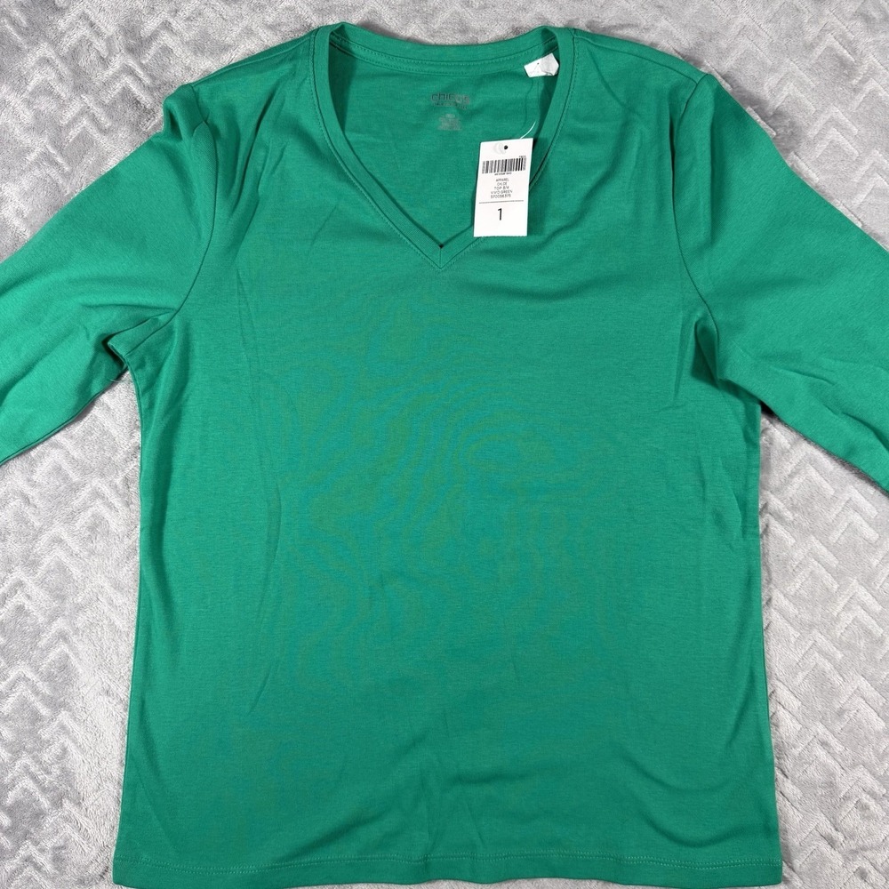 Chico's True Color Tee Medium (1) Green 3/4 Sleeve V-Neck T-shirt Cotton NWT